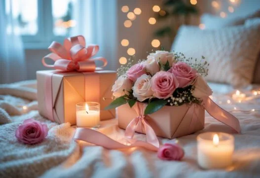 En romantisk gave til hende med smukke blomster og elegant indpakning.